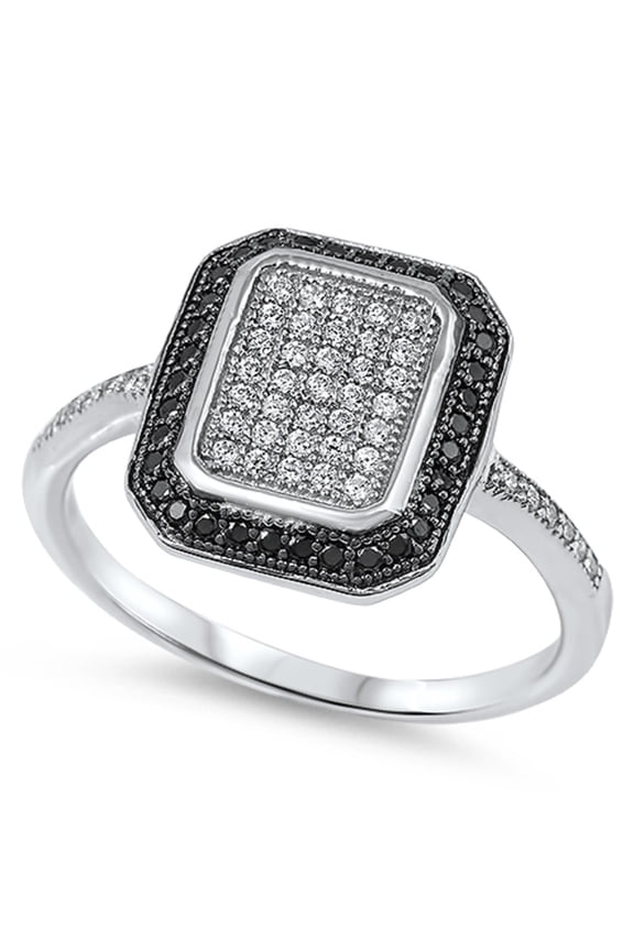 Designer Radiant Pave Black and Clear Cubic Zirconia Ring Sterling Silver 925