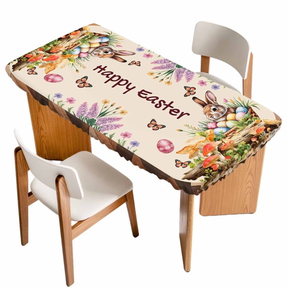 Happy Easter Table Cloths for 3 Foot Rectangle Tables, Bunny Eggs Spring Mushrooms Plants Brown Plaid Patio Waterproof Elastic Fitted Tablecloths, Washable Rectangular Table Cover for Camping