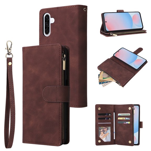 Wallet Case Compatible with Samsung Galaxy A17 5G, Premium PU Leather Zipper Flip Wallet with Wrist Strap Magnetic Closure Built-in Kickstand Protective Case for Samsung A17 5G,Coffee
