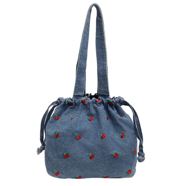 Bolso Tote Axila Hombro Mujer Denim Bordado Cereza Jean Hobo Bag Rojo