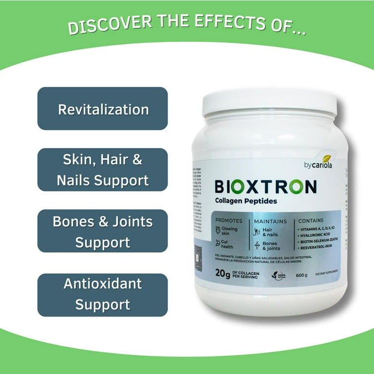 Bioxtron Collagen Peptides Powder - Skin Support, Hair & Nails Support - Stem Cell Renewal Bones & Joinst Support - Type I Collagen - AFA Hyaluronic Acid - 21 Oz