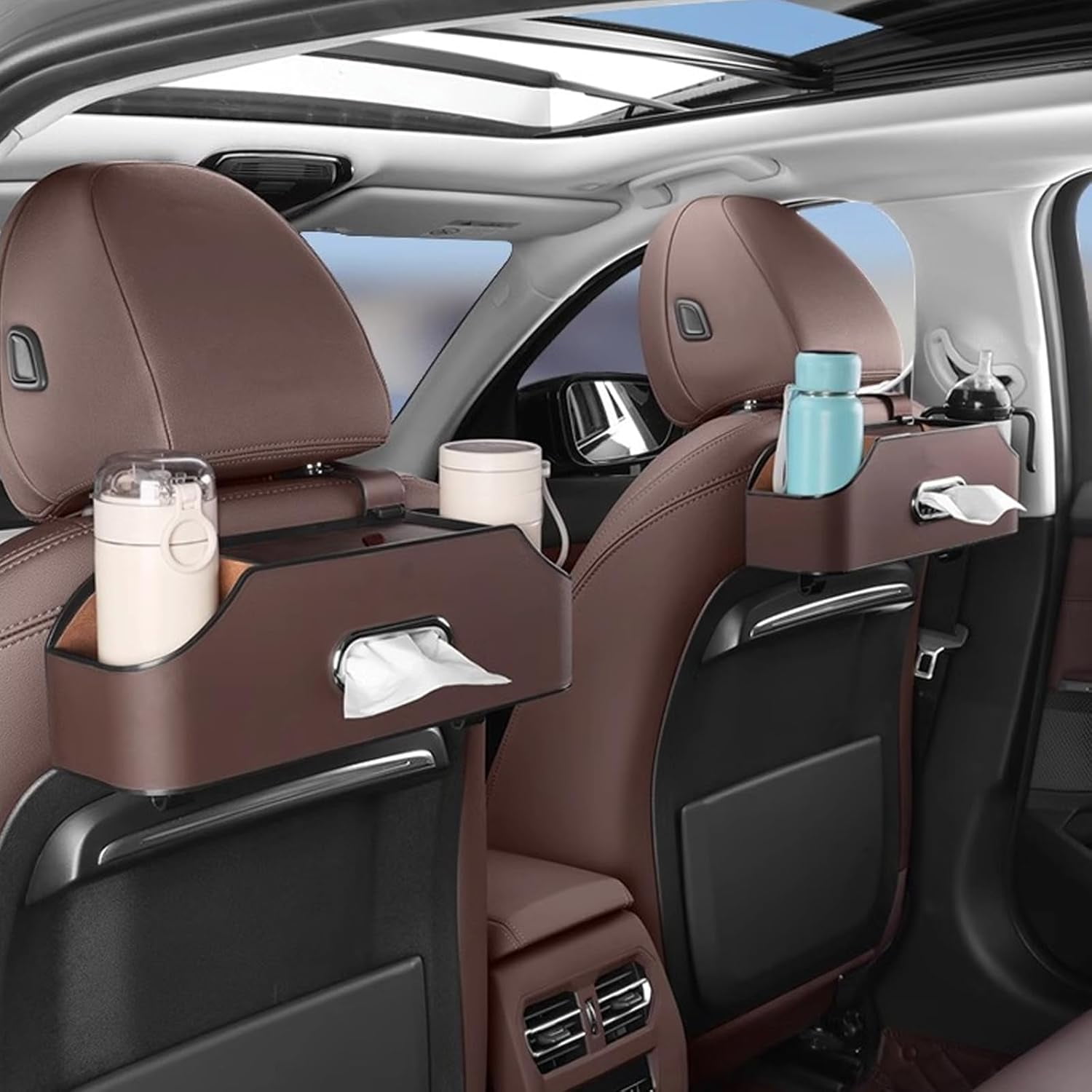 CEDQ Car Seat Back Organizer - Stylish & Functional Storage for Family Adventures - Cup Holders, Tissue Box & Hooks - Car Interior Accessories Perfect for Kids, Road Trips & Travel (Black)