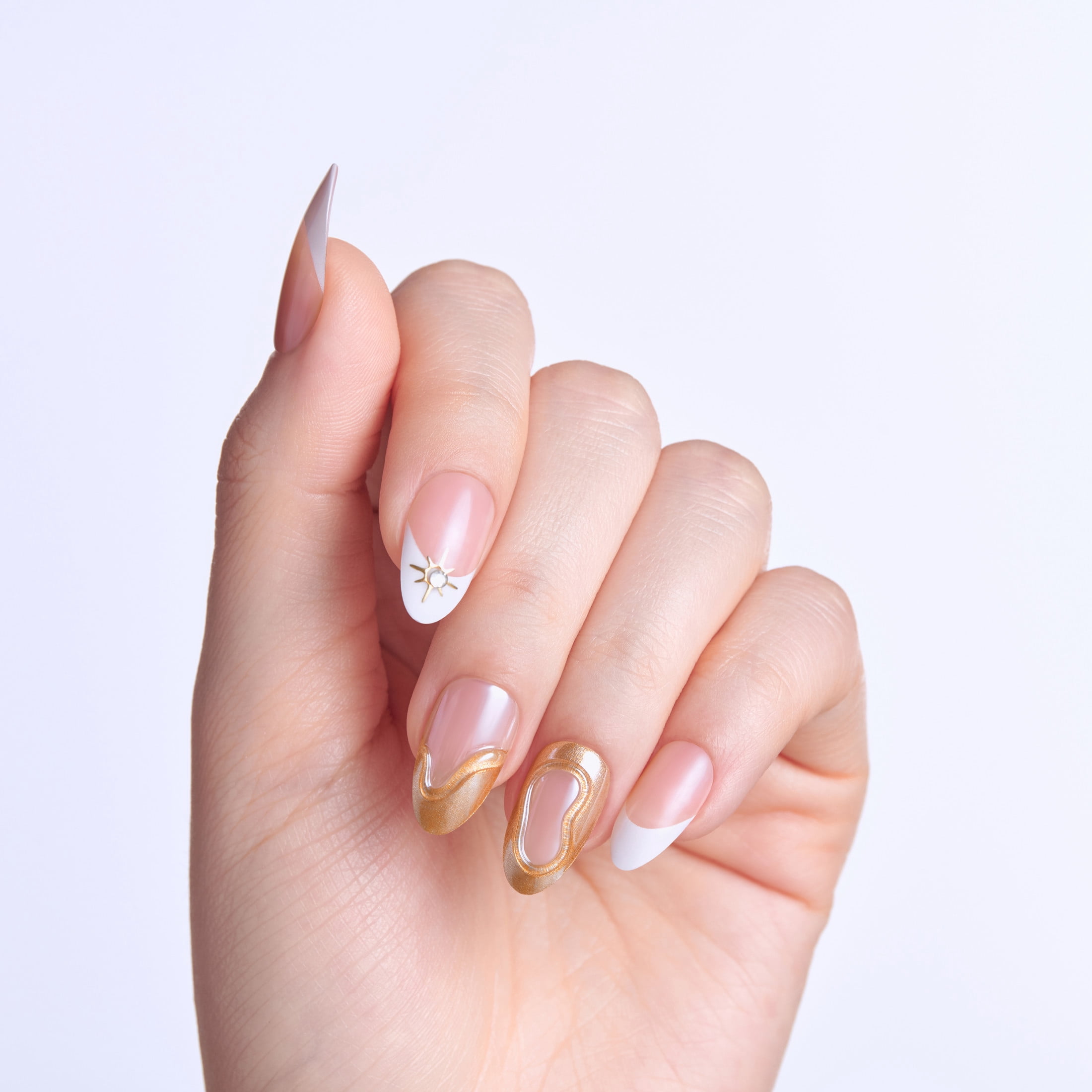 Kiss Impress Premium Medium Almond Press on Nails, White & Gold, 30 Pieces