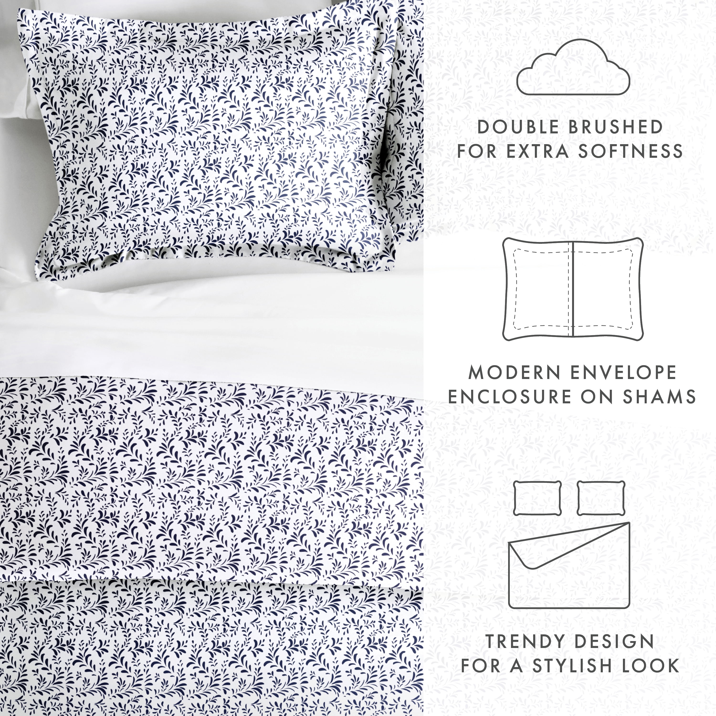 Noble Linens Navy Burst of Vines Print 2-Piece Duvet Cover Set, Twin/TwinXL