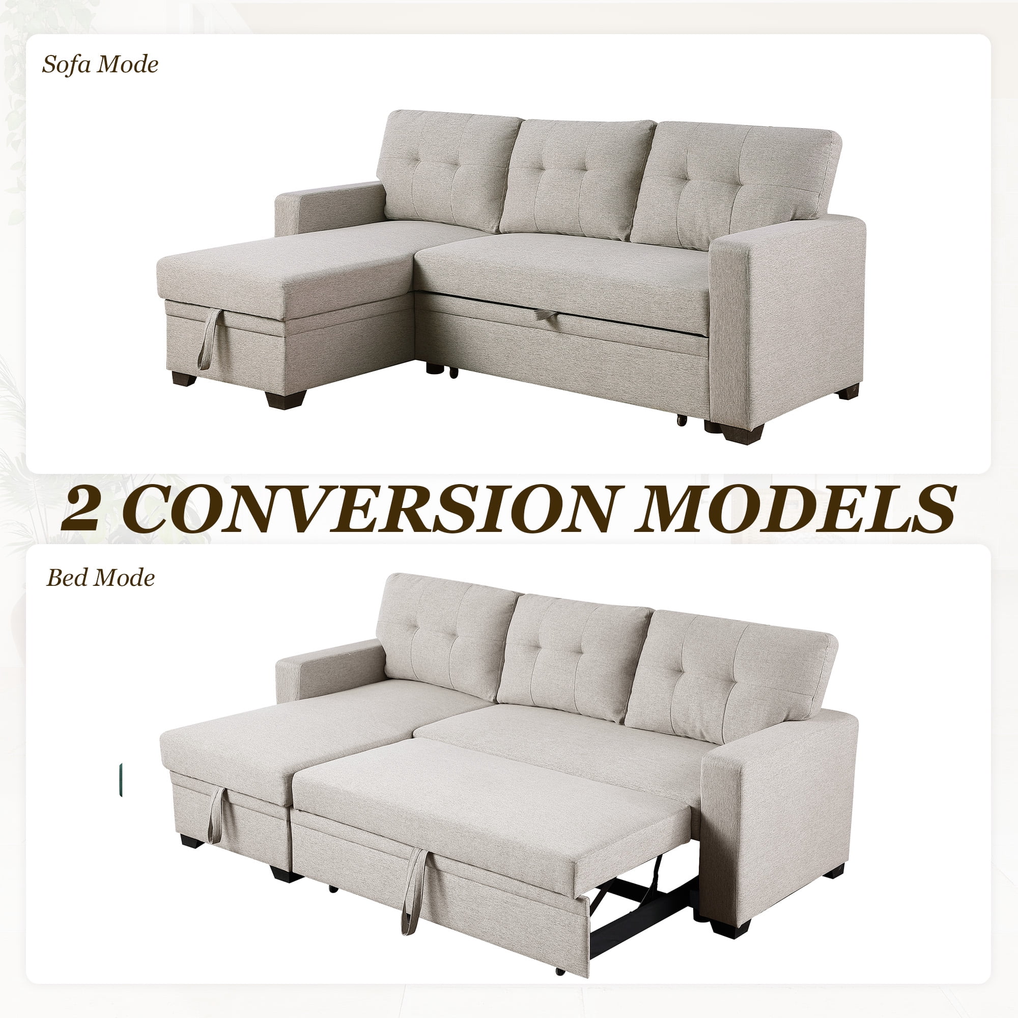 MOONMISS Sectional Sofa Bed with Storage and Soft Seat ,Reversible Pull Out Couch for Living Room,Beige