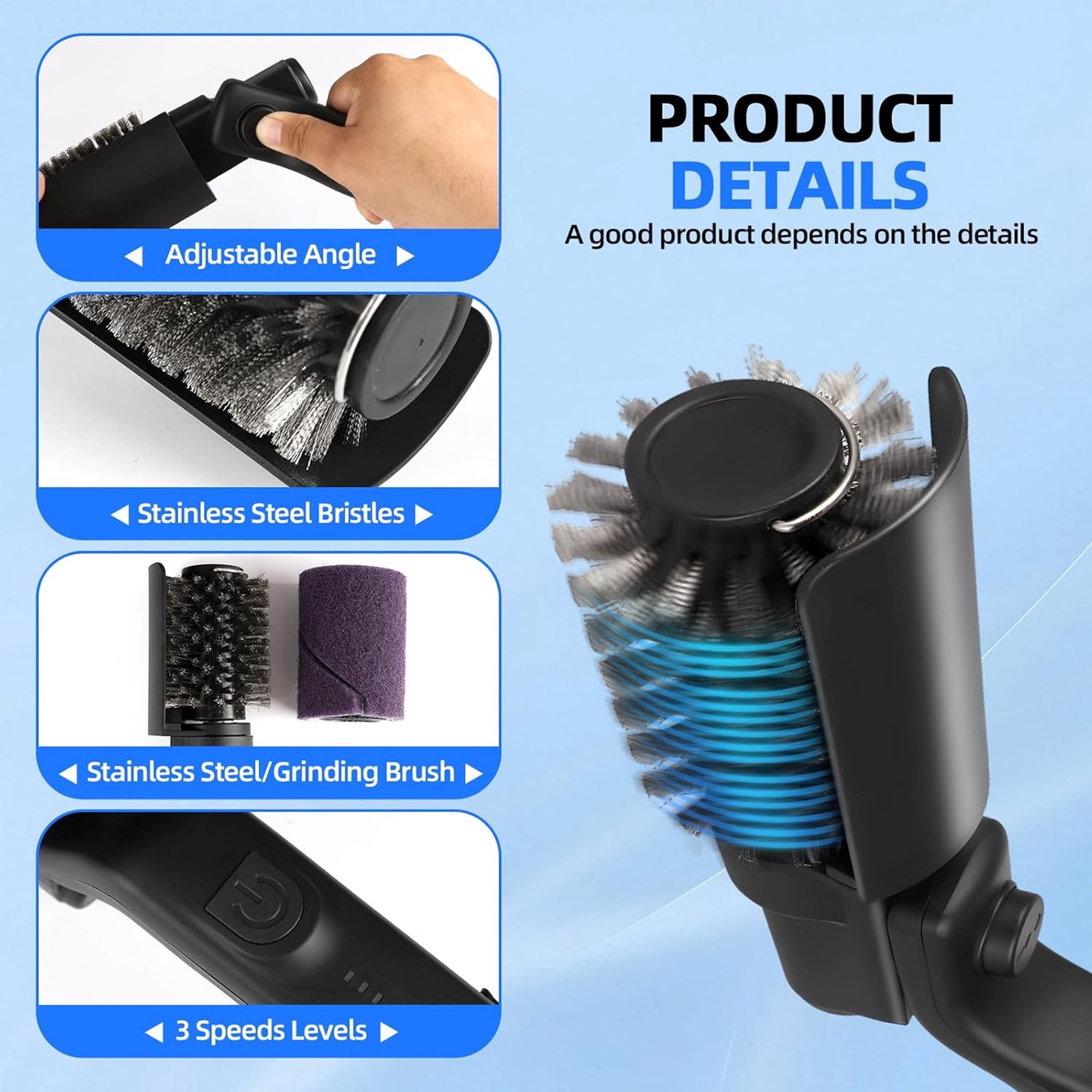 Electric Cordless Grill Brush with Adjustable Angle, 3-Speed Power Control, 304 Stainless Steel BBQ Grill Brush for BBQ Grates & Griddles (Black)