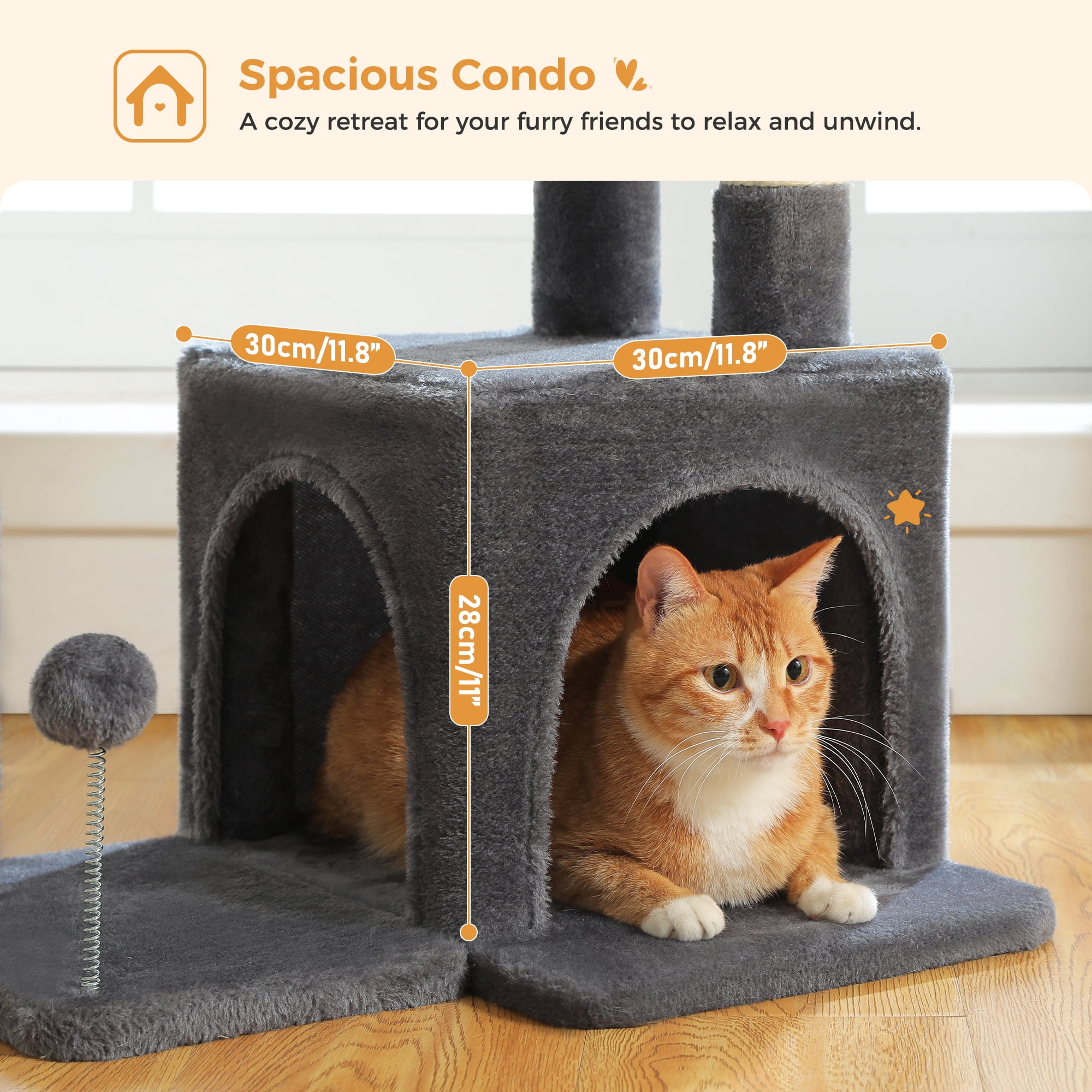 PAWZ Road Cat Tree 29.5" Sisal Cat Scratching Posts Tower Hammock Top Perch for Indoor Cats,Dark Gray