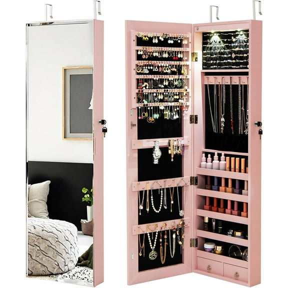HOMGX LED Mirror Jewelry Cabinet, 47.5” Wall or Door Mounted Makeup Storage Organizer w/Full Length Mirror & 2 Drawers & Large Storage Space, Lockable Jewelry Armoire Organizer (Pink)