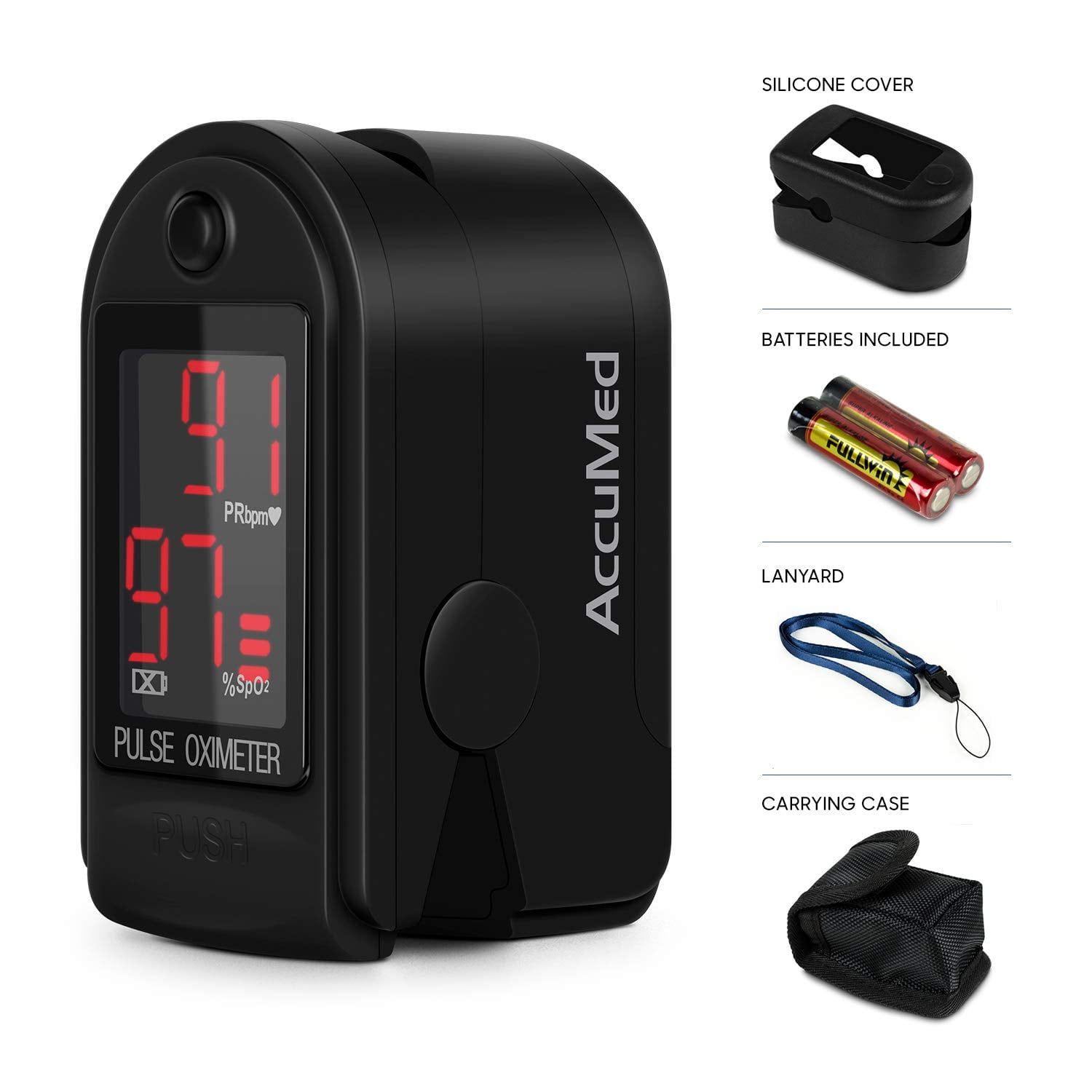 AccuMed CMS-50DL Pulse Oximeter Finger Pulse Blood Oxygen SpO2 Monitor w/Carrying case, Landyard Silicon Case & Battery (Black)