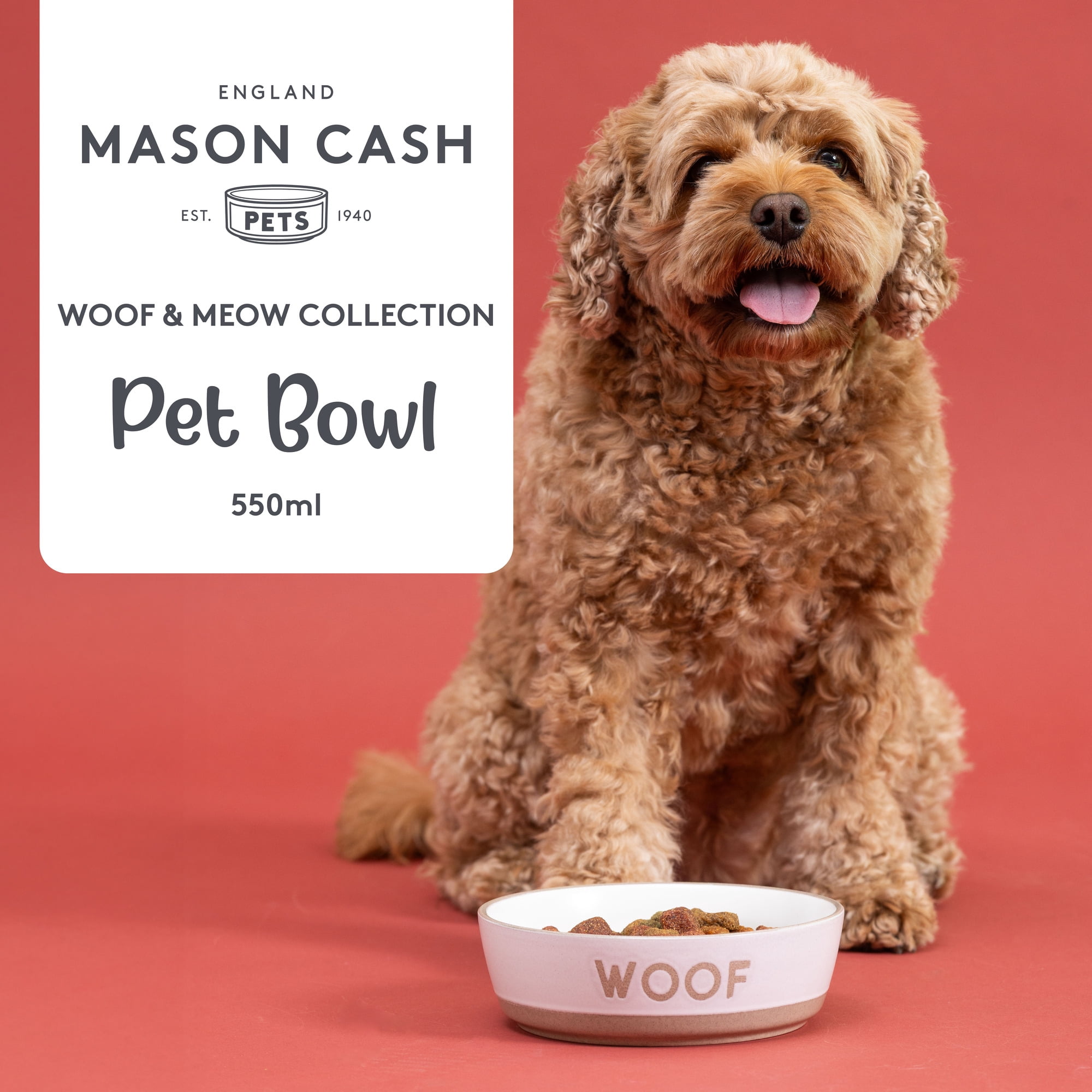 Mason Cash: Woof Dog Bowl - 5.9", 18.6oz - Cream & Tan - Durable Ceramic Food & Water Dish, Microwave & Dishwasher Safe, Pet Meal Feeding & Hydration