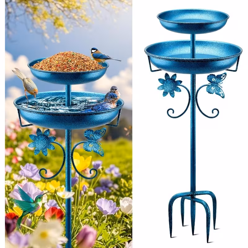 Paddsun Bird Bath for Outside, Vintage Metal Double Freestanding Birdbaths Bowl & Feeder for Garden Yard Patio Decor, Upgraded 5-Prong Base (Blue)