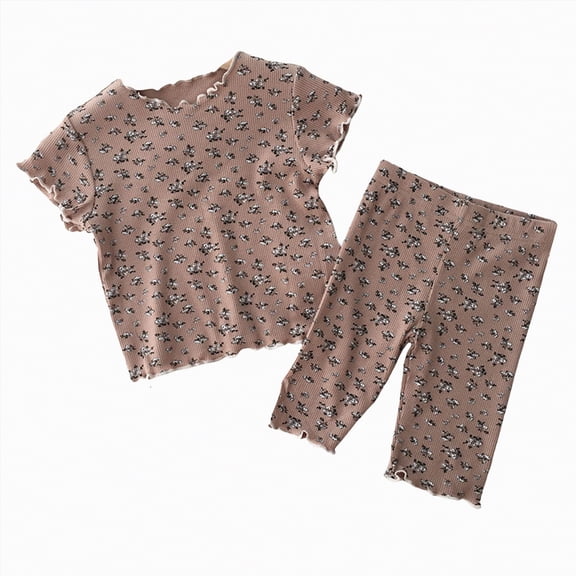 KPOPLK Toddler Kids Girls Clothes Short Sleeve Shirt Top Flare Blouse 2 Piece Outfits For Girls Cute Clothing Set Size 4-5 Years,Coffee