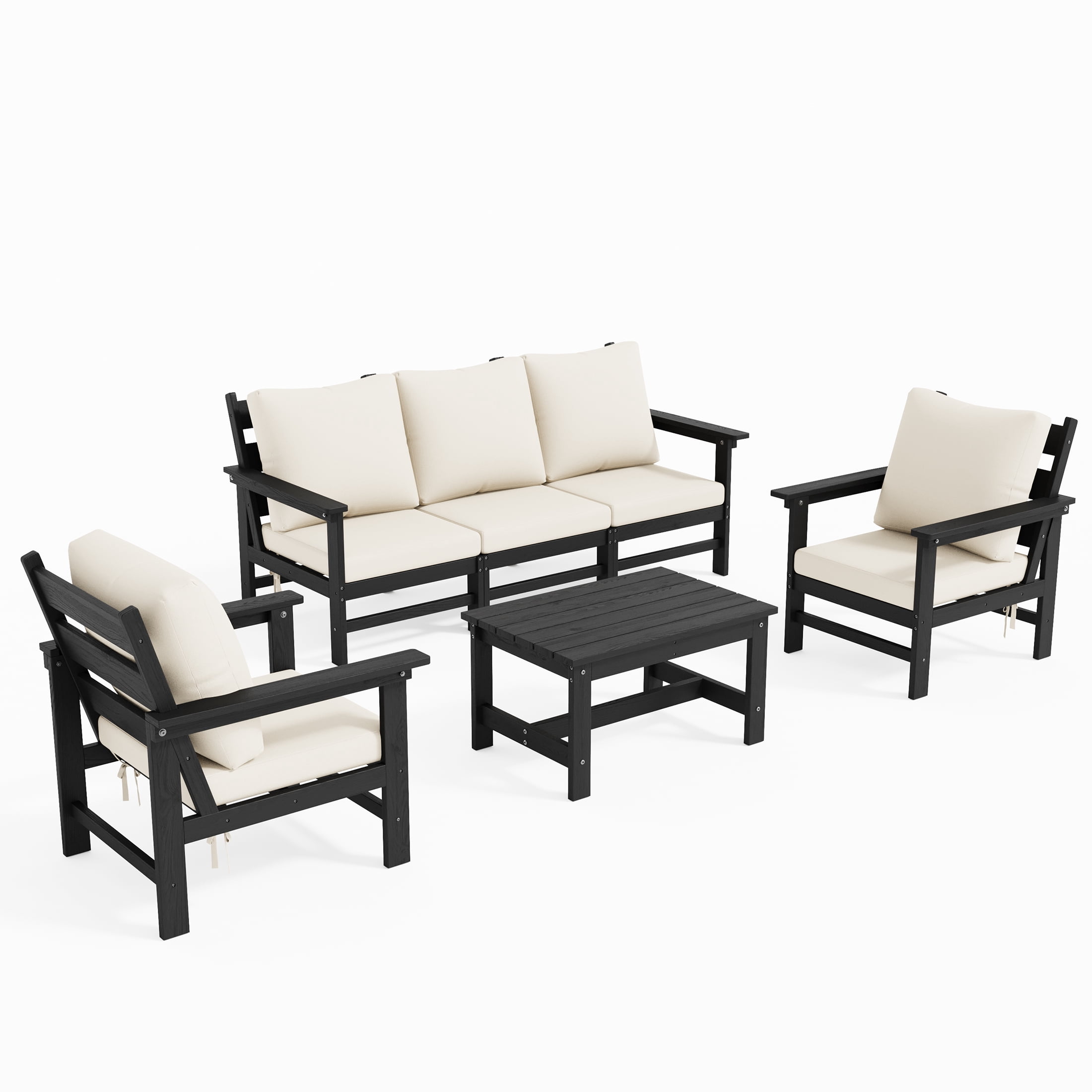 UDPATIO HDPE Patio Conversation Set, 6-Piece Sectional Outdoor Furniture Set, All-Weather Outdoor Couch Set for Deck, Lawn, Black Frame with Beige Cushion