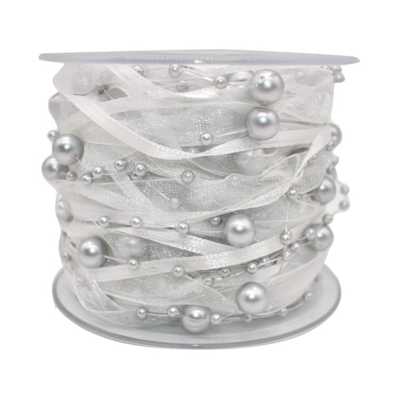 Cinta decorativa HDST-HOME con ribete de encaje perlado plateado de 10 m