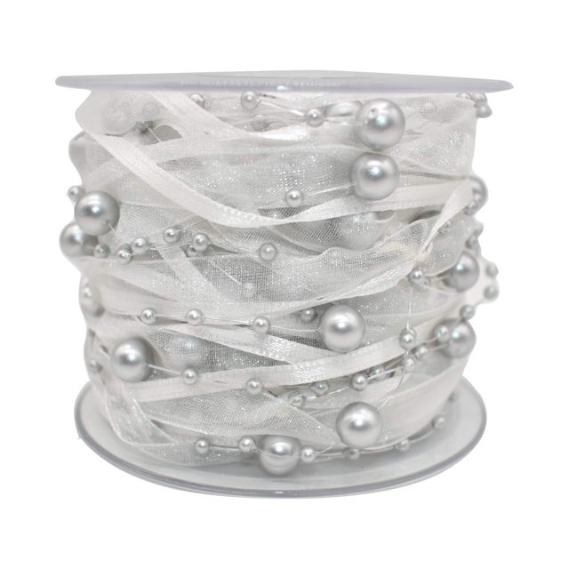 Cinta decorativa HDST-HOME con ribete de encaje perlado plateado de 10 m