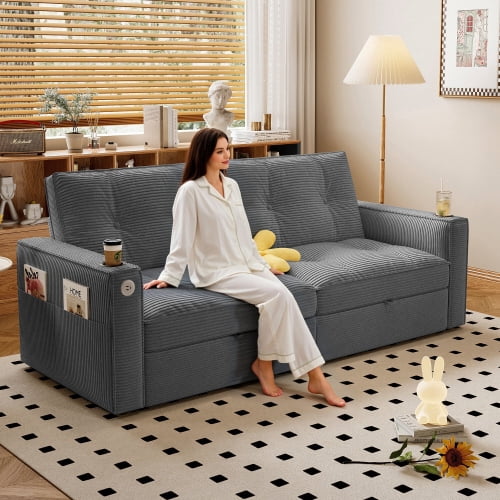 73" 2-in-1 Convertible Sofa Bed, Corduroy Two-Seater Sleeper Sofa with Pull-Out Guest Bed, Steel Frame, for Living Room, Bedroom, Apartment & Dorm, Grey