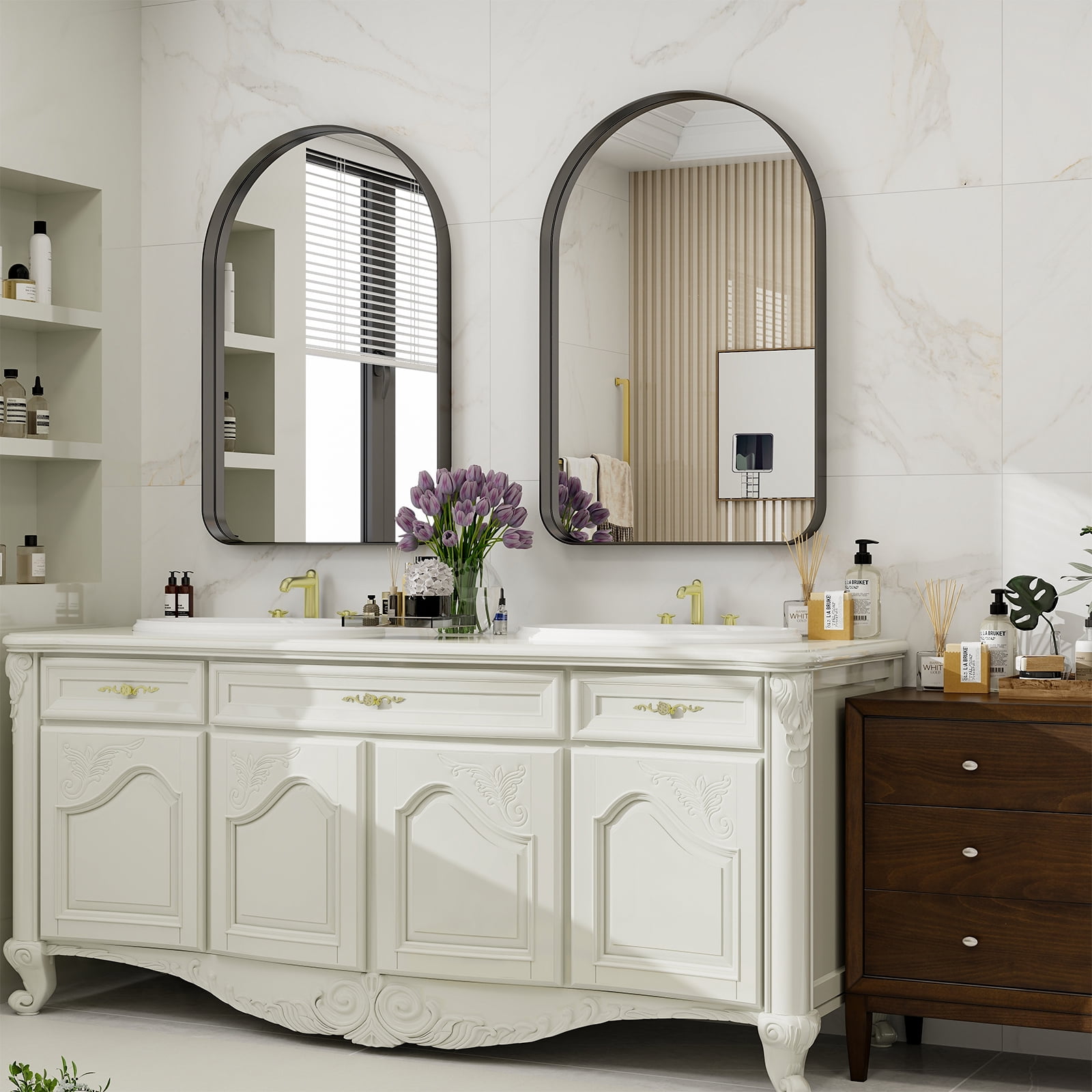 BEAUTYPEAK Deep Frame Set Arched Bathroom Mirror with Rounded Corners 26"x 38", Black