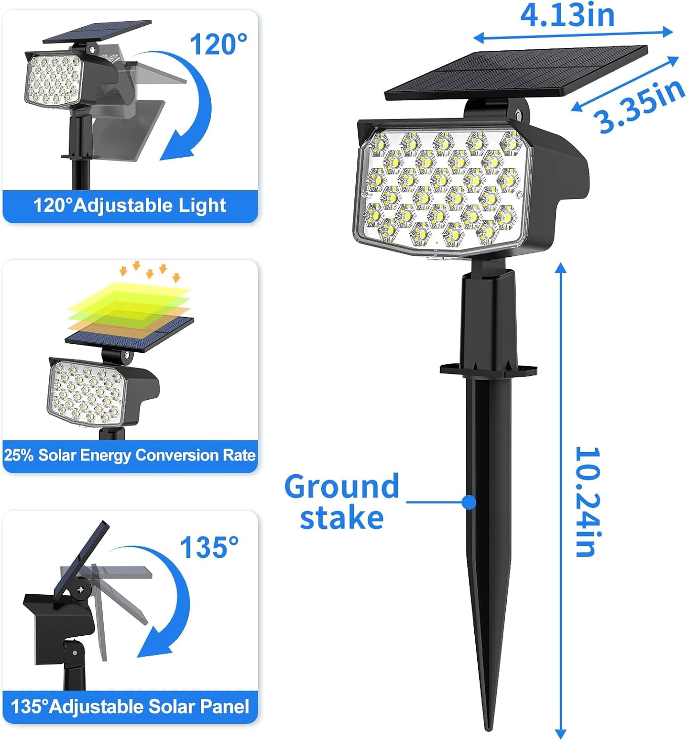 Solar Spot Lights Outdoor, 6 Pack, 3 Modes, Adjustable Landscape Solar Lights, IP65 Waterproof for Walkway, Yard, Garden, Driveway Security-Cool White
