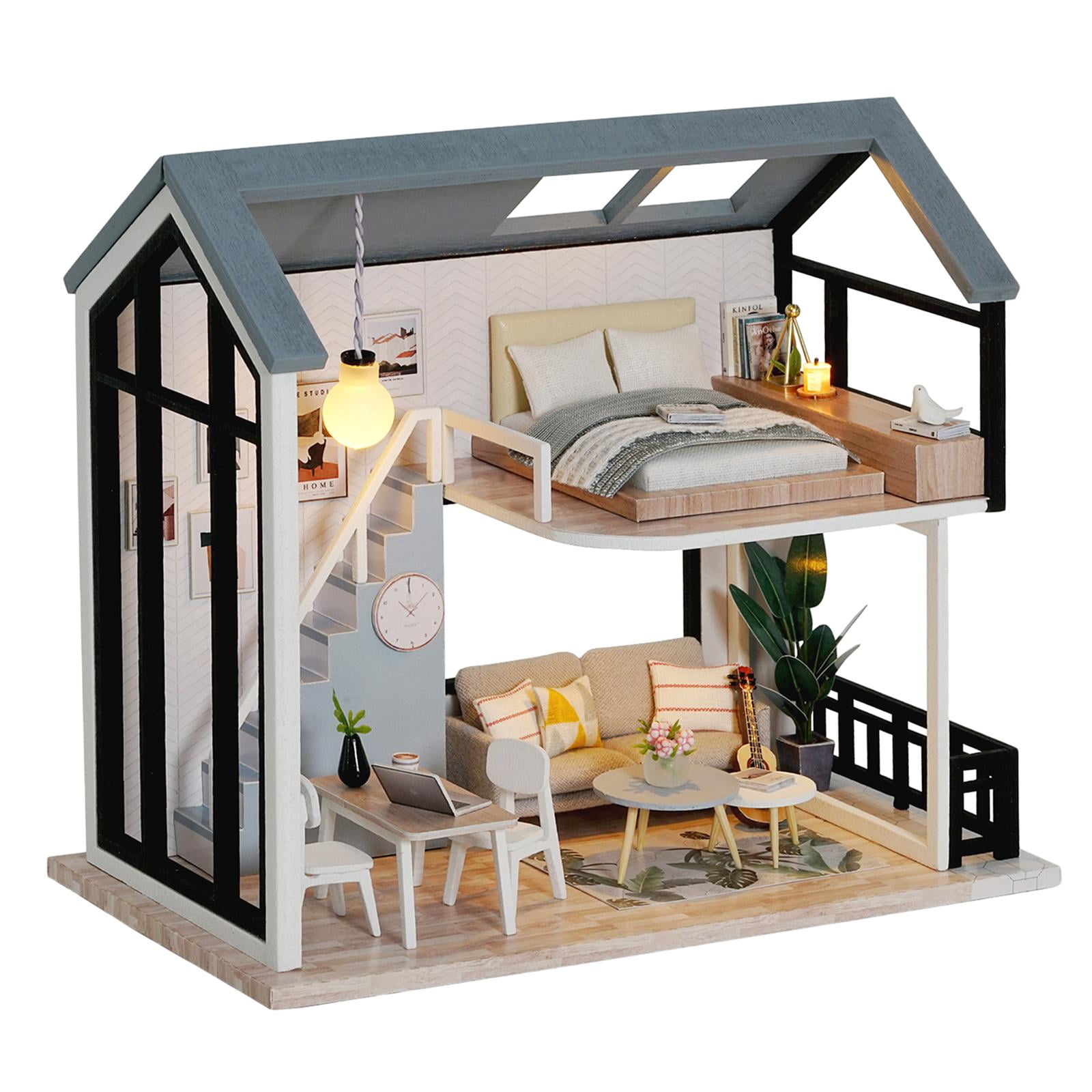 DIY Dollhouse Miniature Kit Christmas Music Wooden Doll House Room with LED Lights and Craft Furniture Sam Bookstore Educational Assembled Model Gift for Girls and Boys 