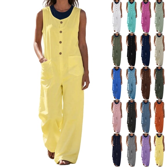 FRSASU Women's Sleeveless Wide‑Leg Jumpsuit Relaxed Fit Button‑Down Front Overall Jumpsuit with Big Side Pockets Yellow