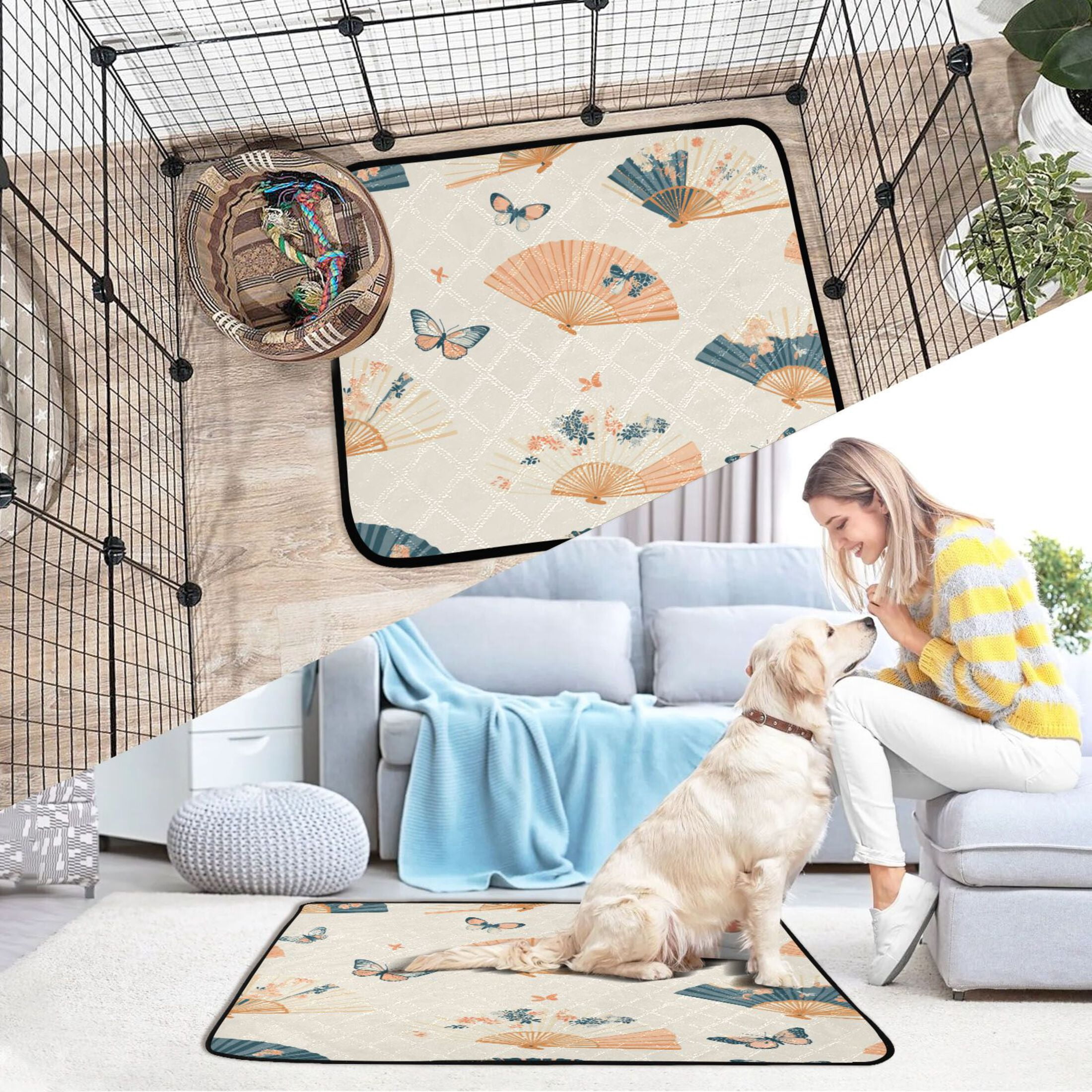 Washable Pet Pee Pads with Super Absorbent Reusable Training Pads for Dogs & Cats Chinese Fans Pattern