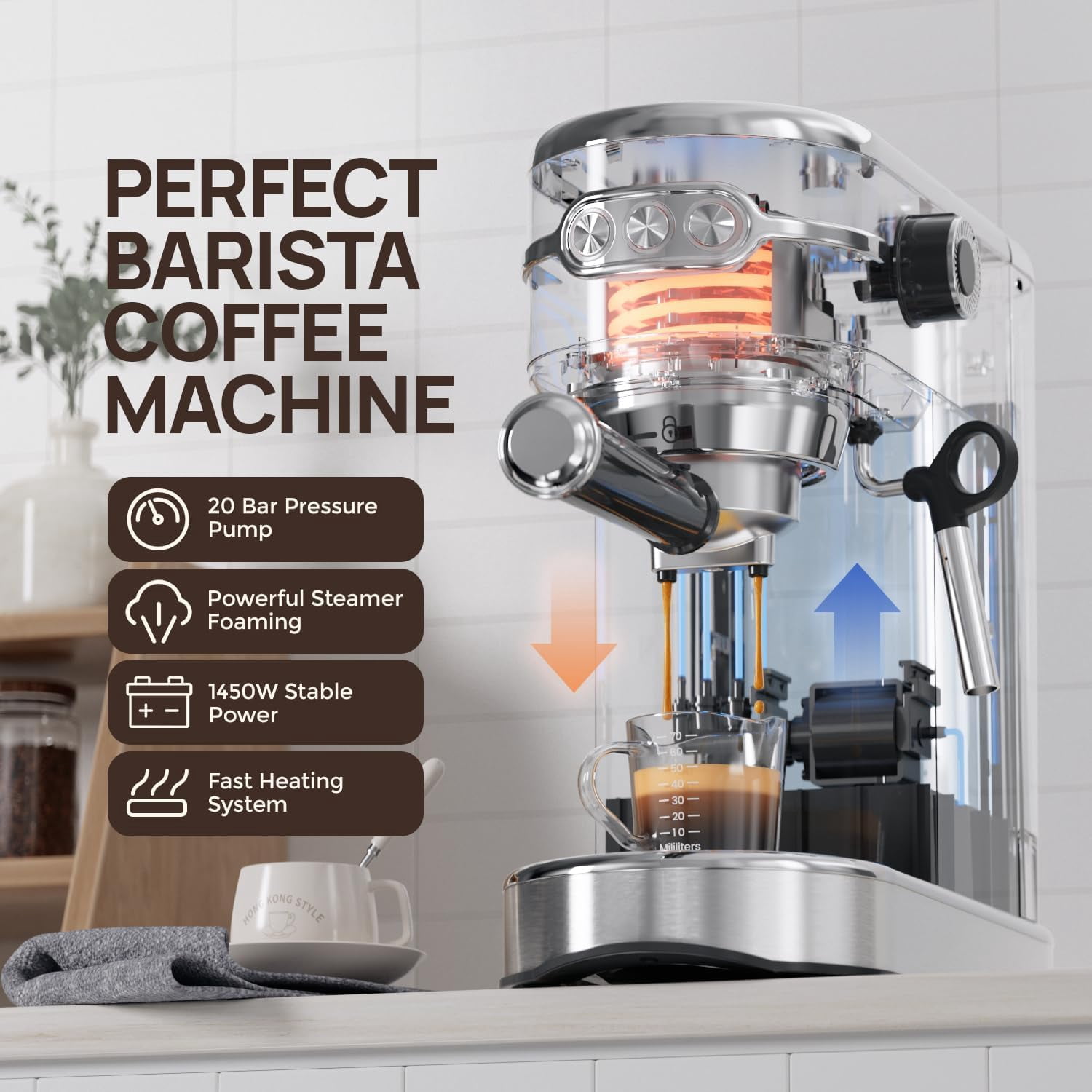 , Compact Espresso Maker, Stainless Steel Expresso Coffee Machines with Steam Milk Frother & 34oz Removable Water Tank for Home, Cappuccino Machine, Great Gift