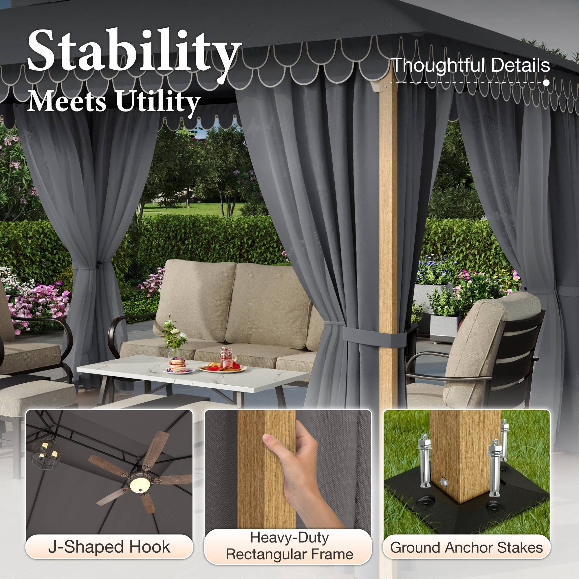 Summit Living 10'x13' Outdoor Patio Gazebo Heavy Duty Gazebos Canopy Shelter with Double Roofs Mosquito Netting and Privacy Screens for Outside - Gray