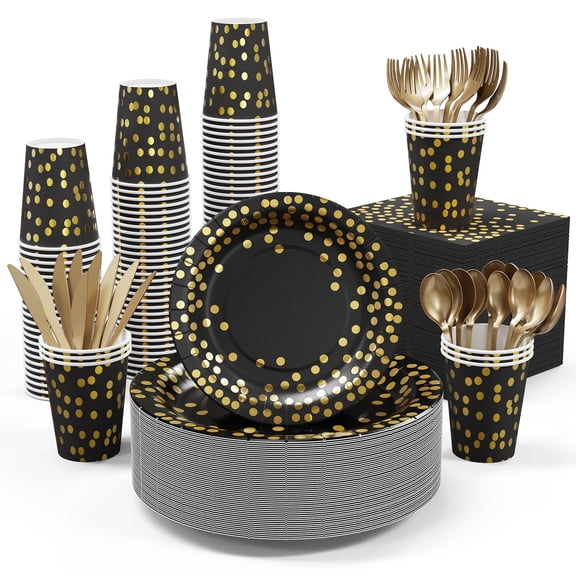 Black and Gold Party Supplies - AFN1350 PCS Disposable Dinnerware Set - Black Paper Plates Napkins Cups, Gold Plastic Forks Knives Spoon for Halloween, Graduation, Birthday, Cocktail Party