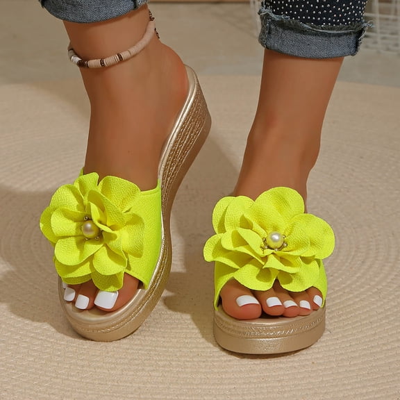 Bkhluea Women Flower Pearl Wedge Slide Sandals Slip On Comfortable Footwear For Beach Travel Daily Casual Outdoor Activities