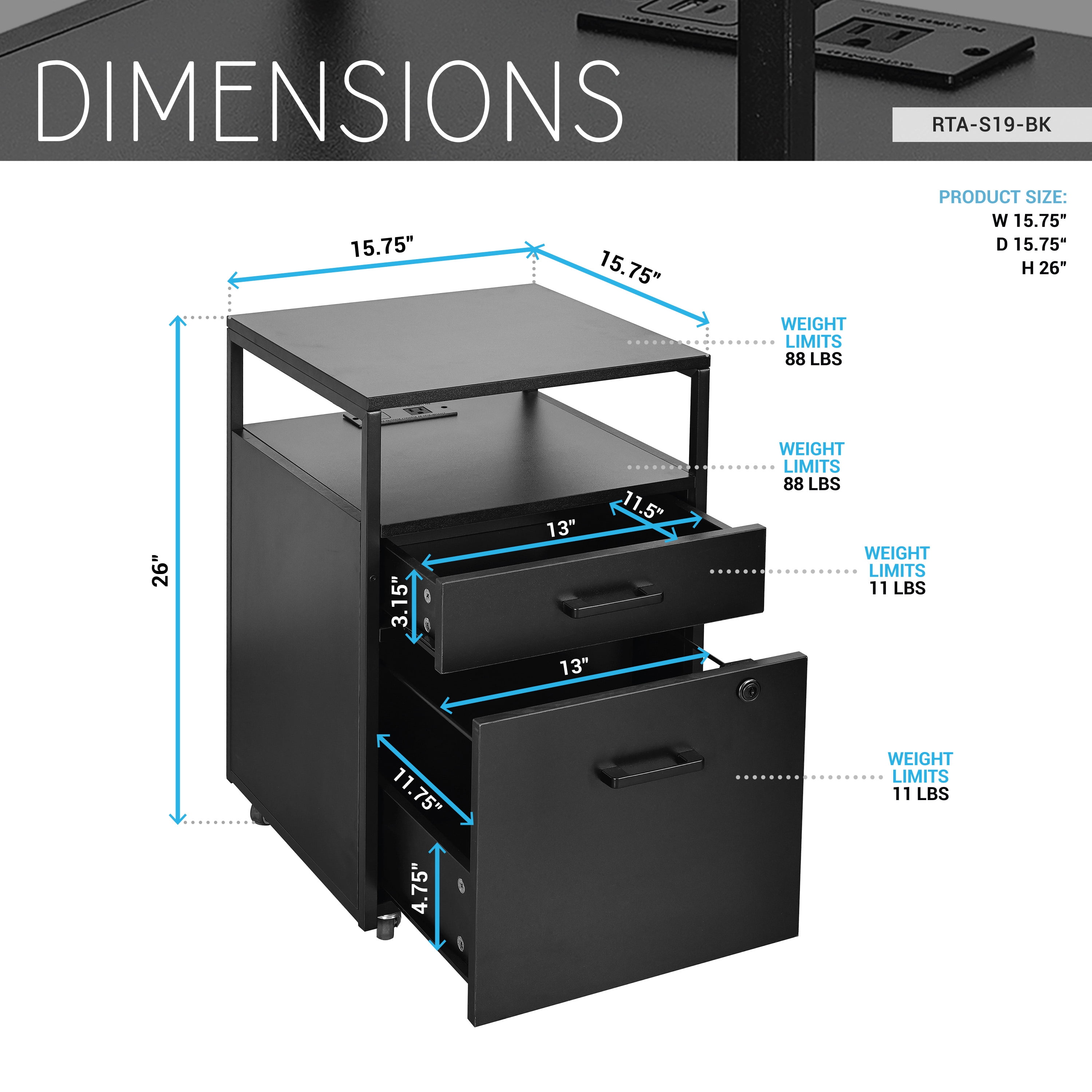 Modern 2-Drawer Rolling File Cabinet with Lock, 2 USB Ports and Power Outlet for Device Charging, Portable File Organizer or Printer Stand for Office or Home with Locking Wheels, Black