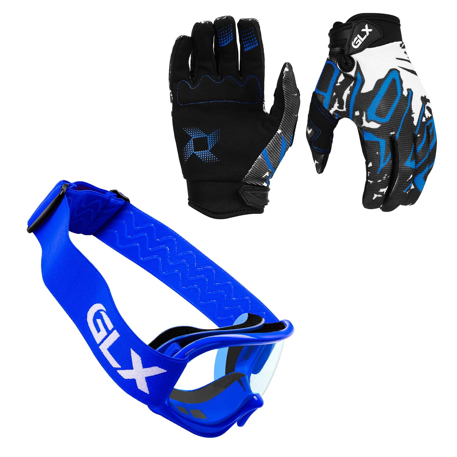 GLX GX623 DOT Kids Youth ATV Off Road Dirt Bike Motocross Helmet Gear Combo Gloves Goggles for Boys Girls Modern Blue Medium