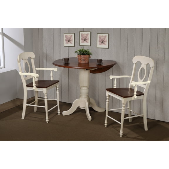 Round Drop Leaf Table Set - 3 Piece Pub Table & Barstools - Extendable Dining Set