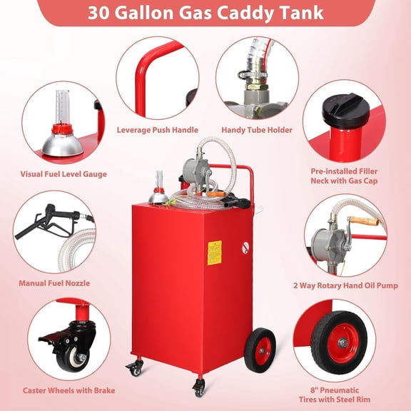 30 Gallon Fuel Caddy Portable Gas Storage Tank Pump Diesel Transfer Hose Red