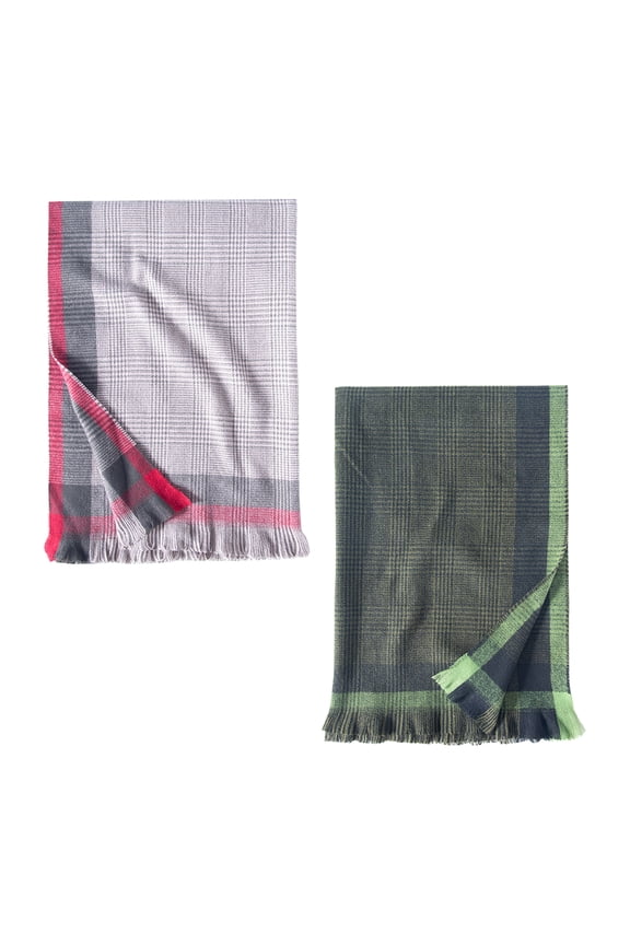 Women Long Shawl Winter Warm Border Contrast Color Lattice Large Scarf-2 Pack-Pack B