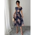 thumbnail image 3 of Navy Blue Floral Pleated Midi Dress With Short Sleeve Crew Neck And Tie Waist, 3 of 6