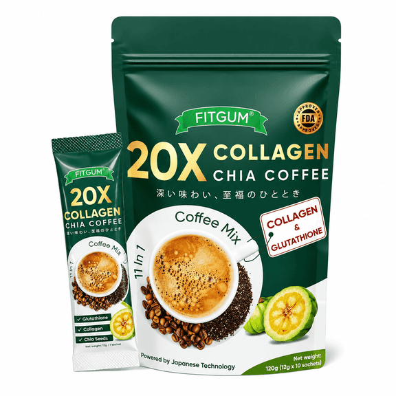Fitgum 20X Collagen Chia Coffee, Premium 11-in-1 Instant Coffee Blend, 10 Count, 120g (10 Sachets)