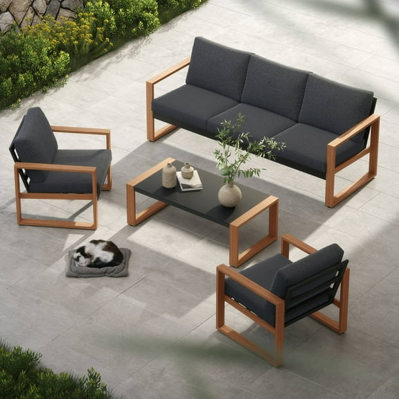 GRANDPATIO 4-Piece Outdoor Conversation Set, Modern Aluminum Patio Furniture Set, Gray & Natural