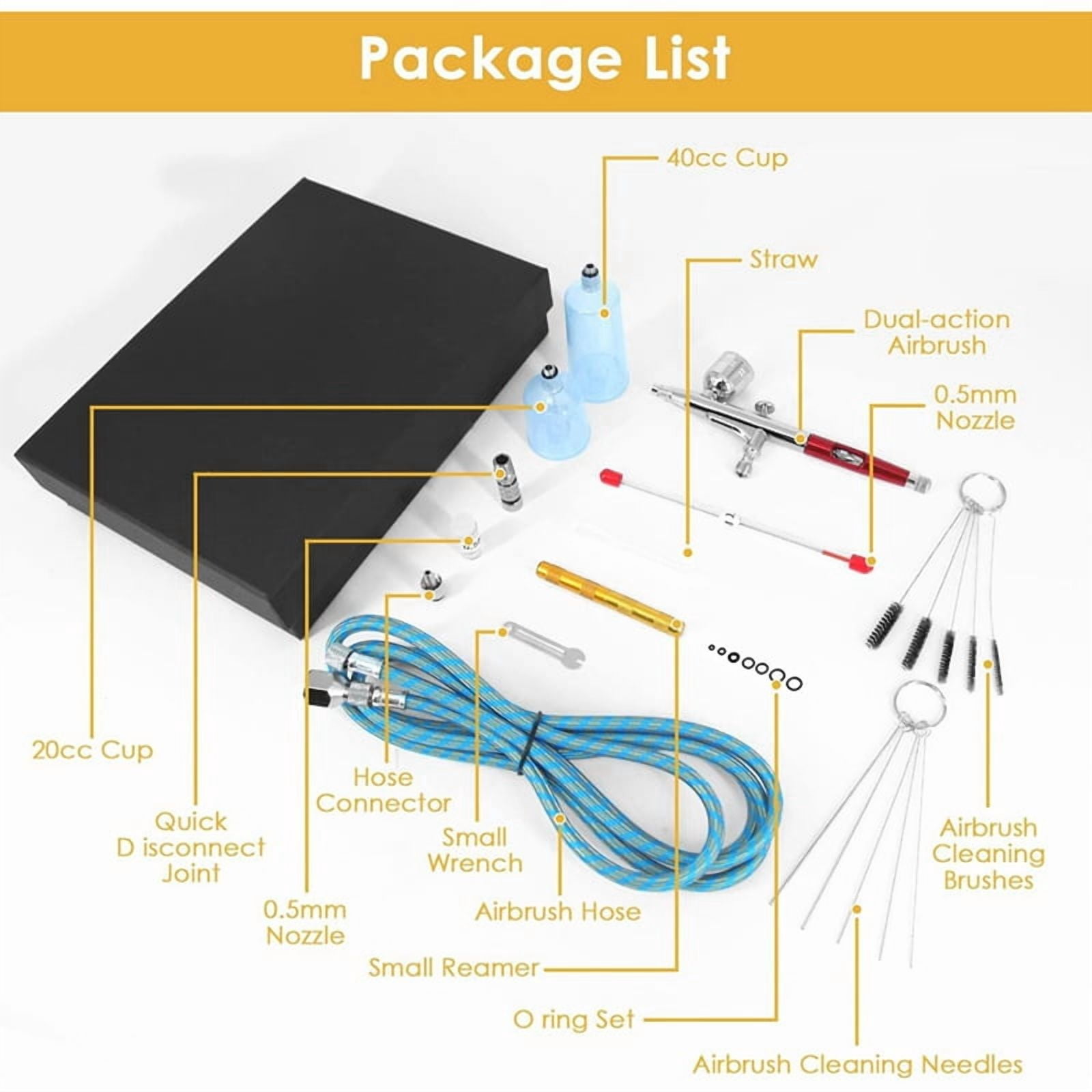 Airbrush Kit Dual-Action Airbrush with 0.3/0.5mm Needles Set 20cc/40cc Cup Air Hose and Cleaning Kit1 x Airbrush Kit (refer to the main picture for detailed accessories)