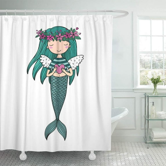 KSADK Girl Cute Little Mermaid with Wings Siren Sea on White Marine Tail Wreath Beautiful Shower Curtain 66x72 inch