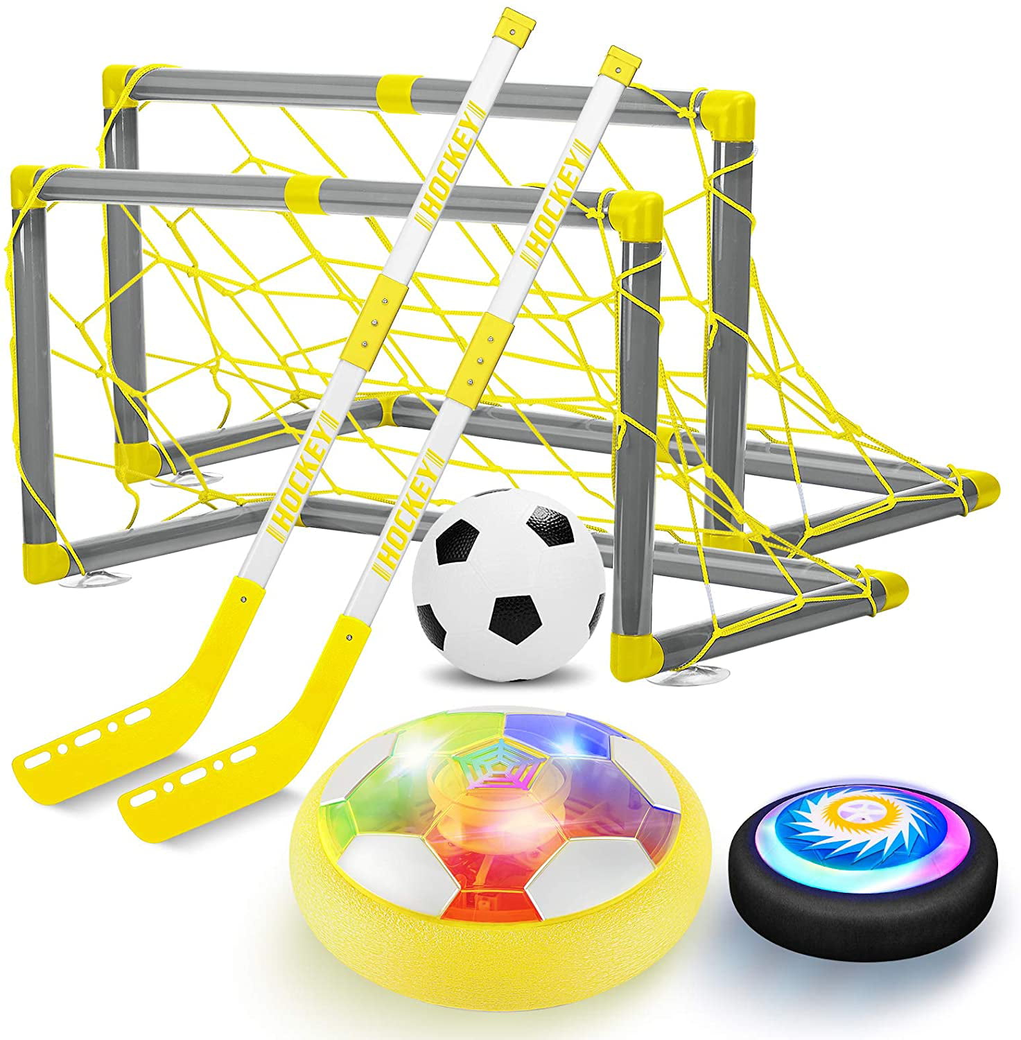 Air Shot LED Light Rechargeable EVA Bumper 2 Goals Indoor Outdoor Outside Floating Sports Games Gifts for 6-16 Boys Girls Teens Birthday Christmas 3in1 Hover Hockey Soccer Balls Kids Toys Set 