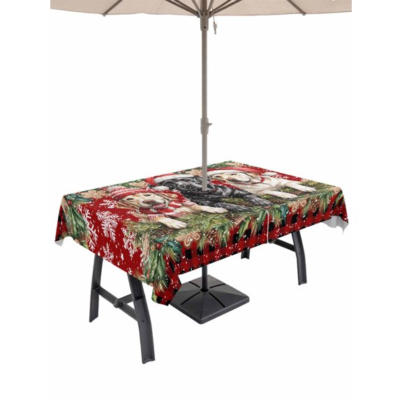 Outdoor Tablecloth with Umbrella Hole and Zipper, Christmas Dog Rectangle Table Cloth 52x70 Inch Waterproof Tablecloth, Winter Xmas Gingerbread Snowflakes Red Picnic Table Cover for Patio Camping