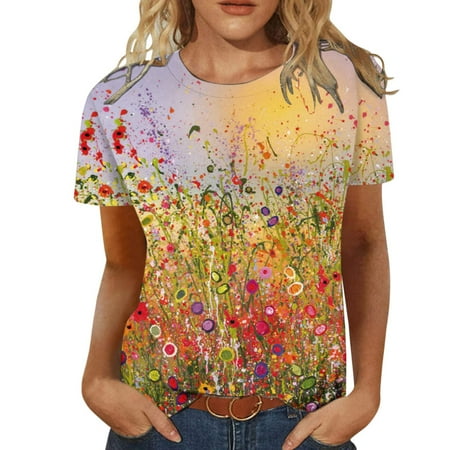 

Crop Tops for Women Tunic Tops Women Fashion Summer Casual Print Round Neck Loose Short Sleeve T-shirt Top Blouse Pullover Womens Workout Tops Summer Savings Black Shirts for Women Multi-color M
