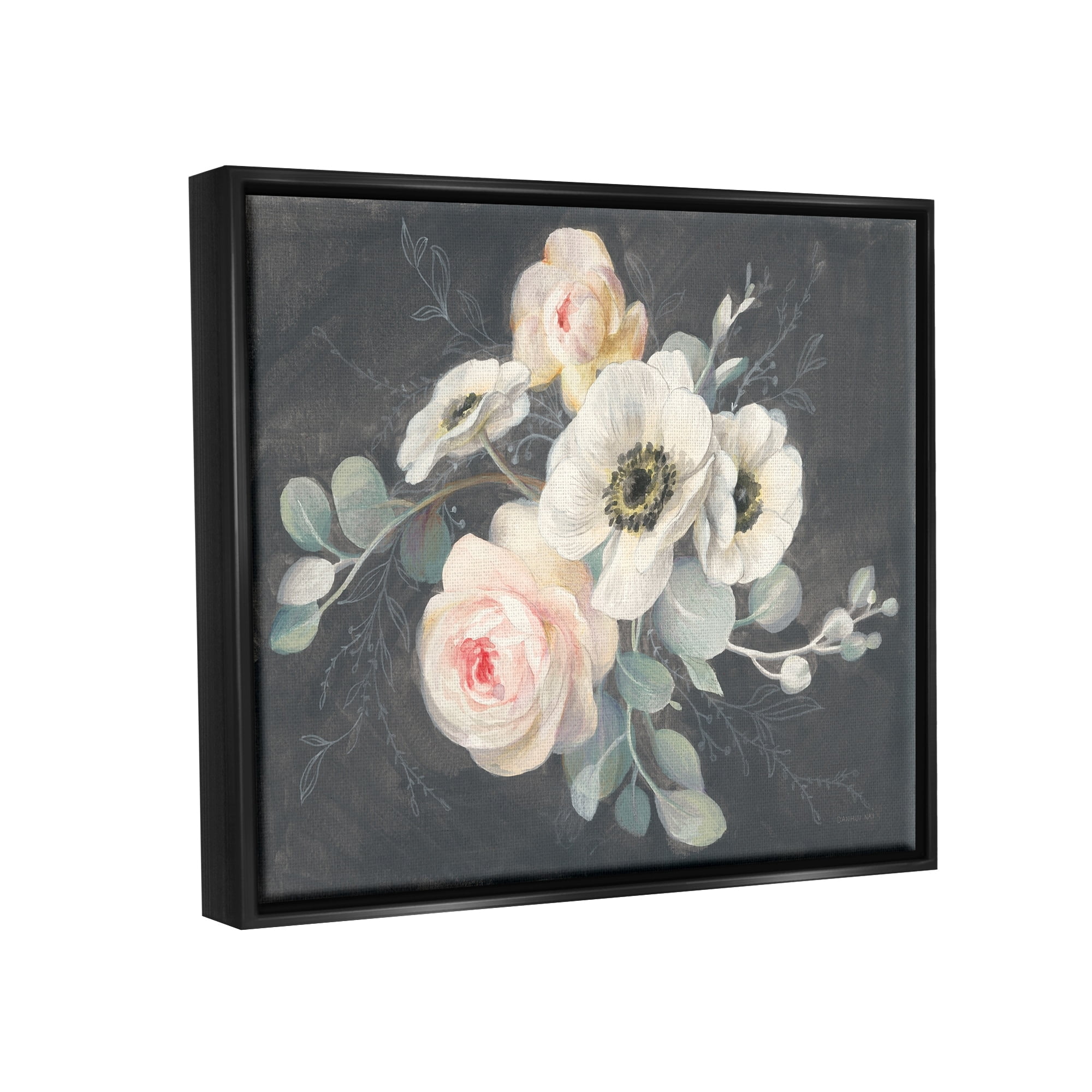 Stupell Industries Rose Anemones Flowers Chalk Pink Black Design Jet Black Framed Floating Canvas Wall Art, 24x30, by Danhui Nai