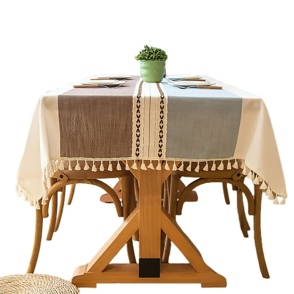 Elegant Dining Table Cloth, Cotton Linen Rectangular Tablecloths with Tassel Edge Design, Modern Simple Stripe Pattern for Kitchen & Dining, 55"x86", Multiple Application