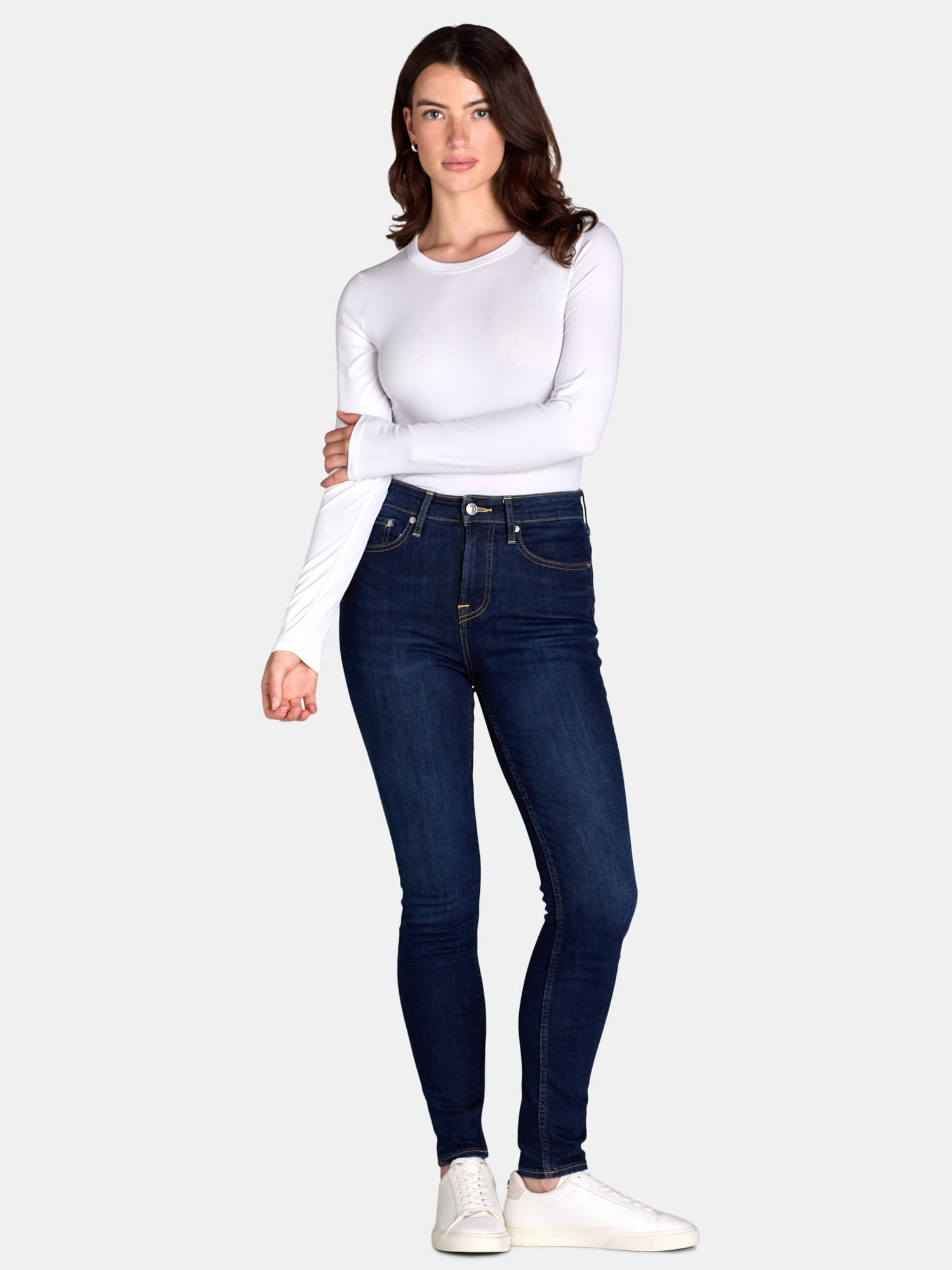 No Boundaries Ribbed Crewneck Tee with Long Sleeves, 1 or 2-Pack, Women's & Women's Plus XXS-XXL