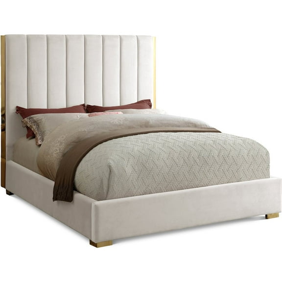 Meridian Furniture Becca Metal and Velvet Queen Bed in Cream