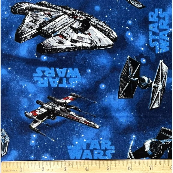 1 Fat Quarter - Star Wars Millenium Falcon & Fighters on Blue Cotton Fabric - 21" X 18"