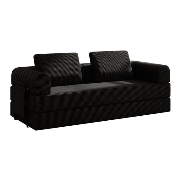 Convertible Sleeper Sofa Bed with Cylindrical Pillow – Black Corduroy Folding Mattress Couch with a Sturdy Fixed-Shape Frame, perfect for living rooms, bedrooms, lounges, and studio apartments.