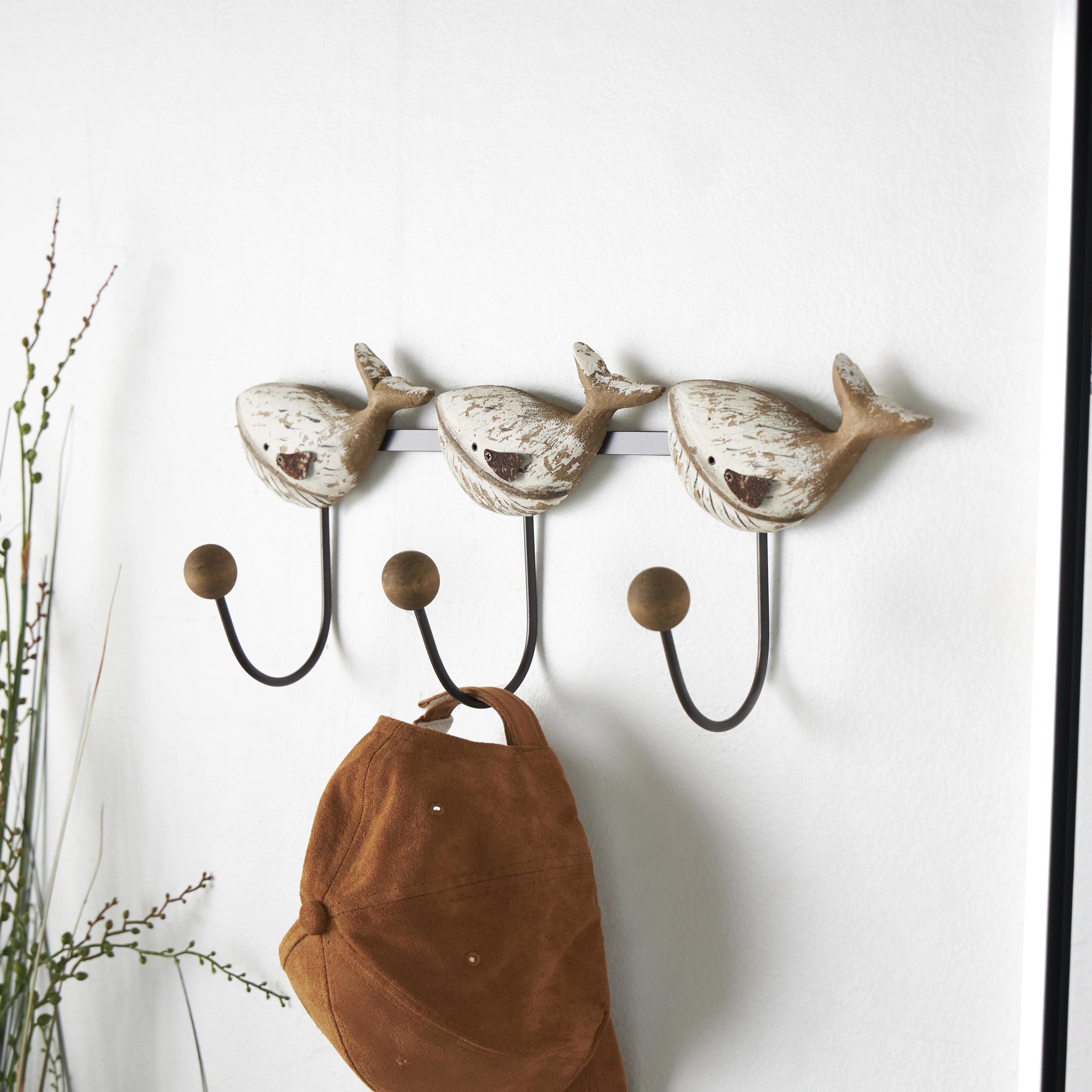 DecMode 18" x 8" Beige Wood Handmade Distressed 3 Hanger Whale Wall Hook with Black Metal Accents and Wood Ball Details, 1-Piece