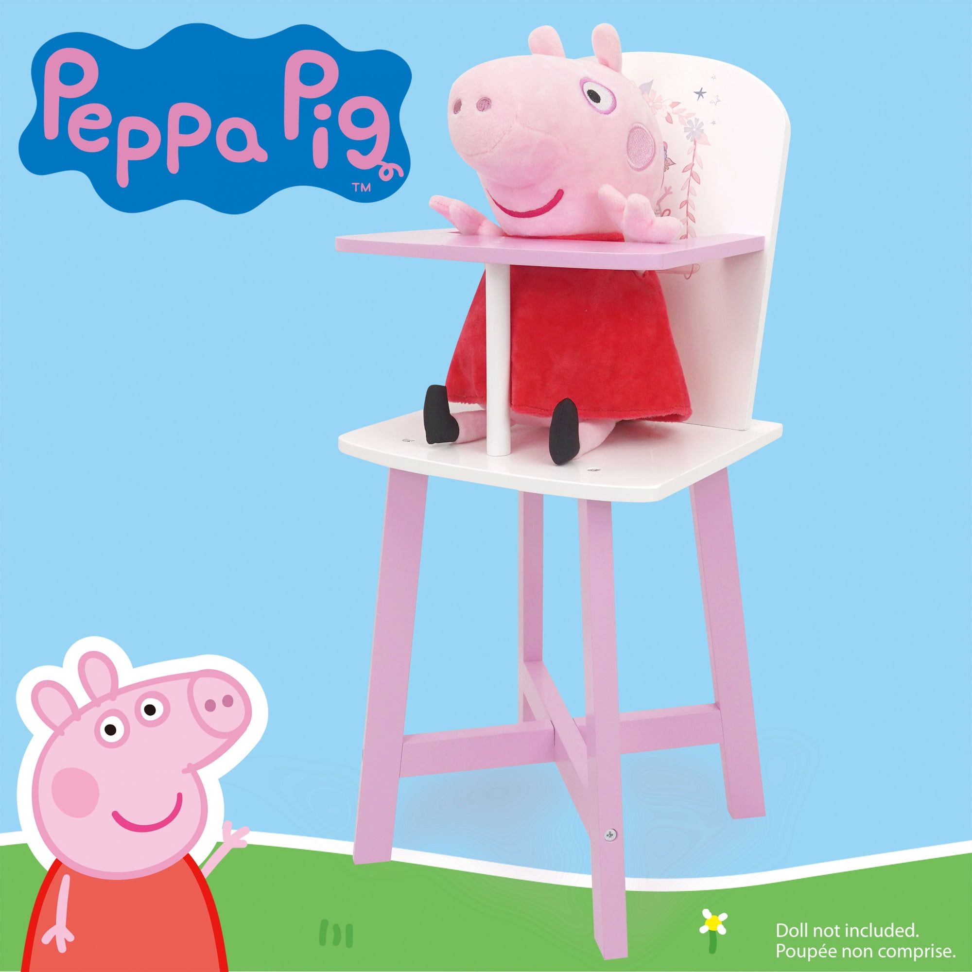 509 Crew: Peppa Pig - Wooden Doll High Chair - Pink- White-Ballerina, Secure Seating, Doll & Plush Feeding Accessory, Nurturing Roleplay Toy, Kids 3+
